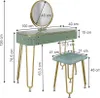 A vanity table and stool with dimensions labeled. Produktbild-Vorschau