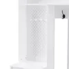 A close-up, angled view of a white storage unit with a pegboard section and coat hooks. Produktbild-Vorschau