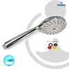 A chrome-plated hand shower with multiple spray settings and a set of colored gaskets, presented on a white background with subtle graphic elements. Produktbild-Vorschau