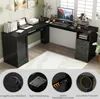 A black L-shaped desk with a computer, laptop, and various office supplies. Anteprima dell’immagine prodotto