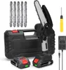 A collection of items for a mini chainsaw kit, including the chainsaw, batteries, chains, a charger, a screwdriver, and a storage case, arranged on a white background. Produktbild-Vorschau