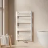 A white towel radiator is mounted on a light beige wall, next to a window and a wooden stool with towels. Produktbild-Vorschau