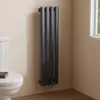 A vertical radiator is shown next to a toilet in a bathroom setting. Produktbild-Vorschau