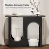 A black console table with arched cutouts, decorated with vases and a basket. Produktbild-Vorschau