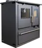 A black wood-burning stove with silver handles and trim, shown from a three-quarter side view against a white background. Produktbild-Vorschau