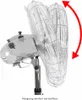 A chrome standing fan with an adjustable tilt angle, indicated by a red arrow. Podgląd zdjęcia produktu