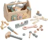 A collection of wooden toy tools and accessories, including a toolbox, arranged on a white background. Produktbild-Vorschau