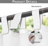 Close-up of white curtain loops attached to a curtain rod, with a window and greenery visible in the background. A circular inset shows a hand attaching a loop with velcro. Produktbild-Vorschau