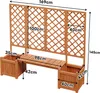 A wooden bench with integrated planters and a trellis, with dimensions labeled. Produktbild-Vorschau