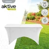 A white table cover is shown on a table in a garden setting, with marketing icons and text overlaid. Produktbild-Vorschau