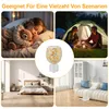 Collage showing a child sleeping with a teddy bear, a couple camping, a bedroom, and a living room, with a decorative aroma diffuser in the center. Produktbild-Vorschau