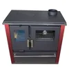 A front view of a wood-burning stove with a black top and front panels, and red sides. It has two glass-fronted doors, one showing a grate and the other with a blue interior, and a silver handle. There is also a silver drawer at the bottom and a silver bar Produktbild-Vorschau