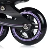 A close-up view of inline skate wheels and frame. Voir les images du produit