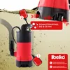 A submersible pump is shown partially submerged in murky water, with callouts highlighting its features. Produktbild-Vorschau
