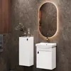 A modern bathroom vanity with a sink, cabinet, and illuminated mirror against a textured tile wall. Produktbild-Vorschau