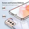 A close-up marketing image of a clear phone case with red accents, showing how the raised edges protect the screen and camera. Produktbild-Vorschau