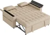A beige sofa bed is shown in its extended bed form, with pillows and storage compartments visible. Voir les images du produit