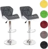 Two gray and white bar stools are shown against a white background. To the right of the stools are circular swatches of different colors: yellow, green, red, taupe, and black. Náhled obrázku produktu