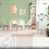 A dining room scene with a table and chairs, and samples of wallpaper at the bottom. Produktbild-Vorschau