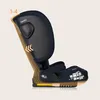 A side view of a navy blue child car seat with yellow accents, highlighting its adjustable features. Produktbild-Vorschau