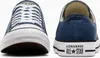 A front and back view of a pair of navy blue Converse Chuck Taylor All Star low-top sneakers. Produktbild-Vorschau