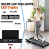 A woman is running on a treadmill in a room, with a graphic overlay showing product features. Produktbild-Vorschau