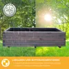 A wooden planter box is shown outdoors, with one side depicted in rain and the other in sunlight. Text overlays describe its durability and finish. Produktbild-Vorschau