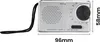 A silver pocket-sized emergency radio with a black strap, shown with dimensions indicated. Voir les images du produit