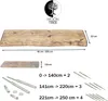 Diagram showing dimensions and mounting hardware for a wooden shelf. Produktbild-Vorschau