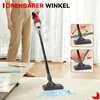 A person is holding a cordless vacuum cleaner in a living room setting, with close-up insets showing the vacuum head's articulation. Podgląd zdjęcia produktu