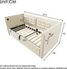 A diagram of a beige sofa bed with dimensions indicated by lines and numbers. Produktbild-Vorschau