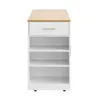 A white cabinet with a wood-tone top and a single drawer, set against a white background. Produktbild-Vorschau