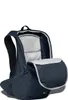A navy blue backpack with its main compartment open, revealing a light gray interior. Produktbild-Vorschau