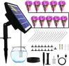 A solar-powered drip irrigation system with a solar panel, water reservoir, tubing, and emitters, along with decorative potted plants. Produktbild-Vorschau