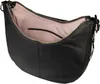A black leather handbag is shown from the side with the zipper open, revealing the pink interior. Voir les images du produit