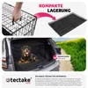 A collage showing a dog crate being folded, a dog in a crate in a car trunk, and a scenic outdoor view. Produktbild-Vorschau