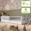 A child's bedroom with a white wooden bed, decorated with floral wallpaper and toys. Produktbild-Vorschau