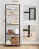 A tall, multi-shelf storage unit with a rustic wood and metal design, showcasing decorative items and storage baskets. Náhled obrázku produktu