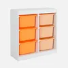 A white shelving unit with six storage bins, three orange and three peach, arranged in two columns and three rows. Produktbild-Vorschau
