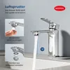 A close-up of a chrome faucet with water flowing, accompanied by inset images and German text highlighting its features. Náhled obrázku produktu