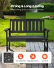 A black garden bench is shown in a split image, with one side depicting a sunny garden and the other a rainy day. Below the bench are icons representing product features. Produktbild-Vorschau
