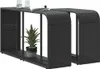 Two black poly rattan storage shelves are shown side-by-side against a white background. A potted plant is placed on the lower shelf of the left unit, and two glasses and a book are on the top surface of the left unit. Náhled obrázku produktu