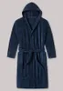 A navy blue hooded bathrobe is laid flat against a light gray background. Produktbild-Vorschau