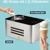 An ice cream maker is shown with milk being poured into it, and a cone with ice cream is held in the foreground. Text highlights features. Produktbild-Vorschau