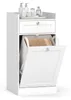 A white bathroom cabinet with a drawer and a flip-down door revealing a laundry hamper with a towel inside. Several bottles and jars are on top of the cabinet. Anteprima dell’immagine prodotto