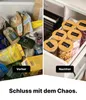 A split image showing a disorganized pantry on the left and an organized pantry with glass jars on the right, with text overlays indicating 'Before' and 'After'. Produktbild-Vorschau