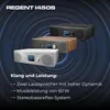 Three Ferguson Regent i450s internet radios are displayed in different colors against a dark blue, swirling background. Text describing features is present below the products. Produktbild-Vorschau