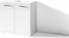 A white bathroom vanity cabinet with two doors and two drawers, placed against a white wall with dramatic lighting and shadows. Produktbild-Vorschau