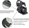 A charging station for Nintendo Switch Pro controllers with attached headphone holder, featuring close-up views of ports and controller slots with descriptive text. Produktbild-Vorschau