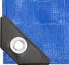 A close-up view of a corner of a blue tarp with a reinforced grommet. Produktbild-Vorschau